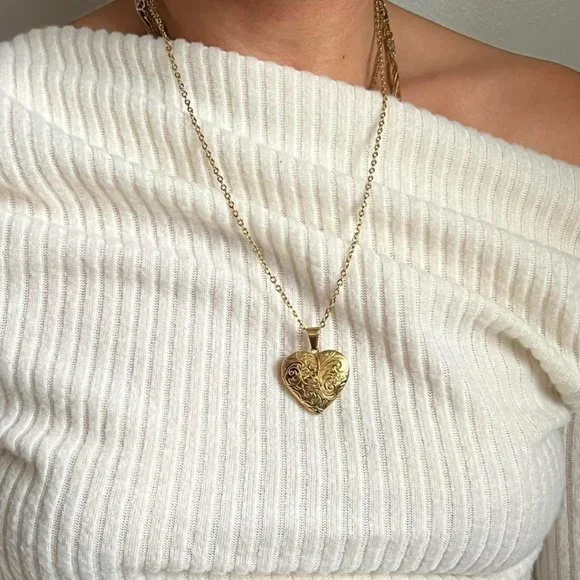 Y2K 2000s vintage gold cute heart pendant locket chain necklace - Picture 2 of 8